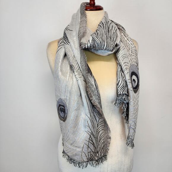 Vince Camuto Peacock Scarf Shawl Wrap Metallic Silver Fringe Evening 70x19 - Picture 1 of 9